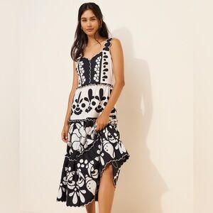 FARM Rio Black & White Summer Cutwork Organic Cotton Midi Dress XS